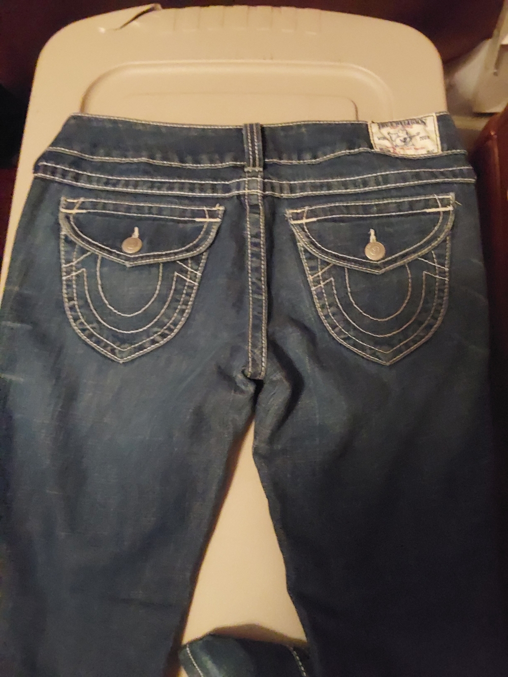 True Religion Dark Blue Bootcut Jeans with White Contrast Stitching